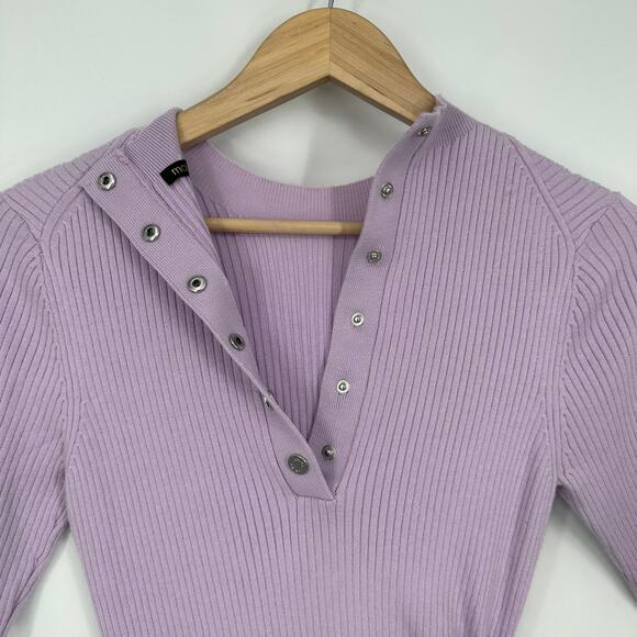 Maje Reine Dress Rib Knit Short Sleeve Mock Neck Fit and Flare Mini Light Purple - Picture 13 of 14